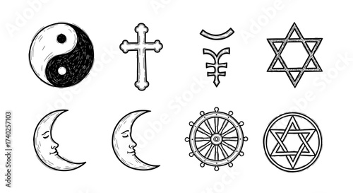 Religious and spiritual symbols in black and white hand-drawn art