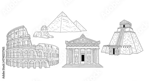 Famous historical architectural wonders landmarks black and white line art