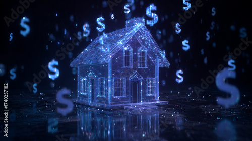 A glowing holographic house with dollar signs floating around, real estate and mortgage tech theme, futuristic cinematic glow