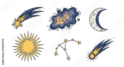 Whimsical Celestial Collection: Sun, Moon, Stars, Comets, and Nebula