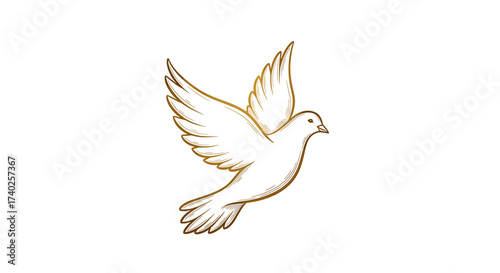 Elegant golden dove in flight illustration, against pure white background