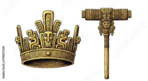 Exquisite Gold Aztec Crown and Ceremonial Staff on White Background