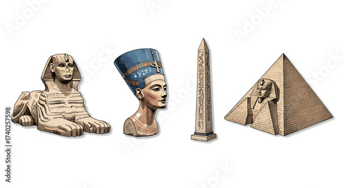Detailed Illustration Featuring Iconic Ancient Egyptian Symbols and Landmarks