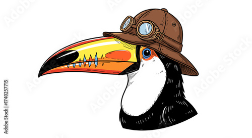 Cartoon Toucan Illustration Wearing Aviation Hat and Goggles on White
