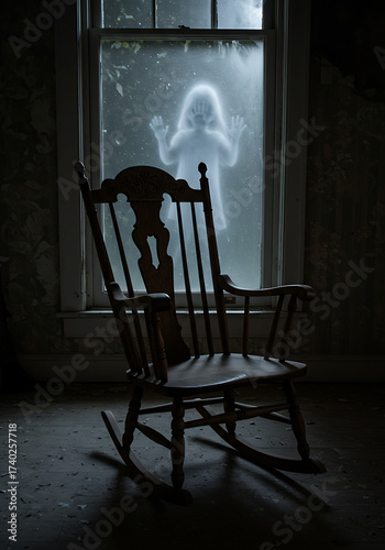 Halloween ghost at window with rocking chair, halloween spooky figure in dim room
