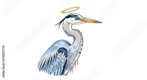 Angelic Heron Illustration with Halo Against a Clean White Backdrop