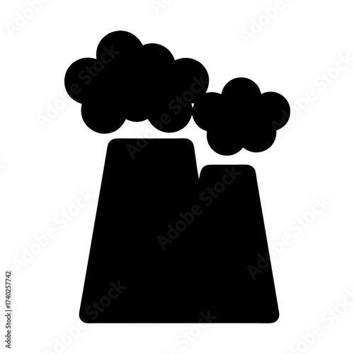 A stylized black silhouette of a factory or power plant with emissions