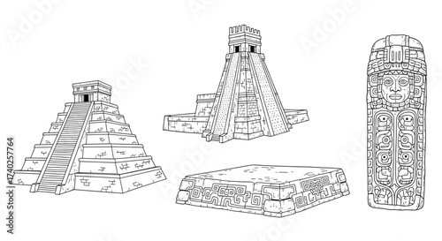Ancient Mayan Ruins: Pyramids and Carved Stele Illustration