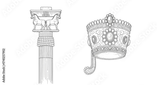 Ancient Persian Column and Crown: A Detailed Line Art Illustration