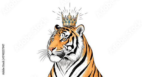 Regal Tiger Portrait with a Sparkling Crown on White Backdrop