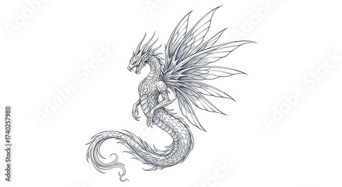 Winged Dragon Serpent: Detailed Black and White Fantasy Creature Illustration