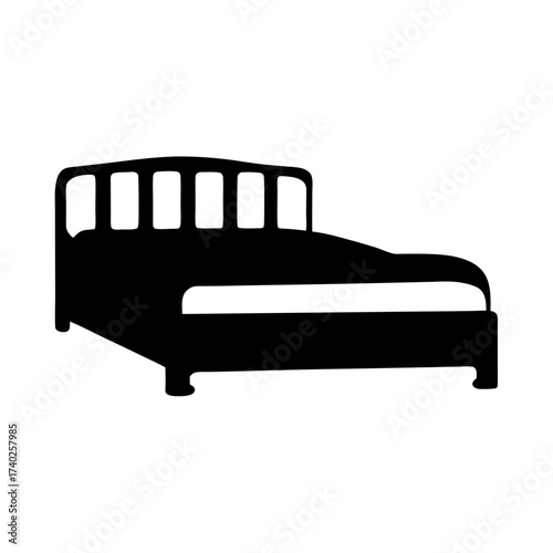 Simple black and white bed illustration with headboard and frame, stylized