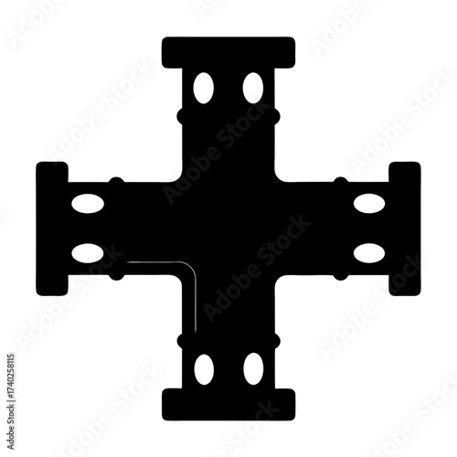 Black abstract cross symbol, with pipe fitting like elements, on white backdrop