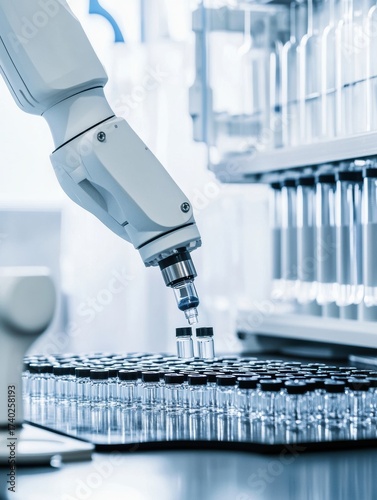 Advanced robotic arm assembling vials in a clean room laboratory environment for pharmaceutical applications
