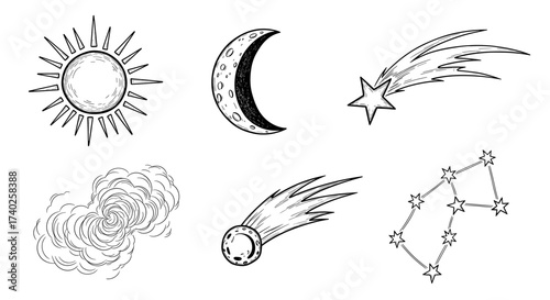 Celestial Collection: Sun, Moon, Stars, Comet, Constellation, and Cloud Doodle Set