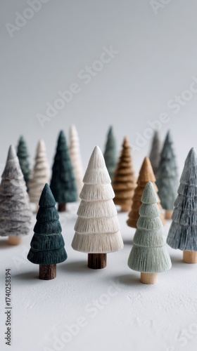 Colorful pastel miniature wooden trees arranged in a gentle forest scene for holiday decor