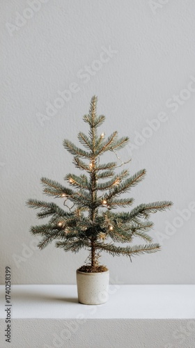 Small potted Christmas tree with warm white lights on a minimalist white shelf