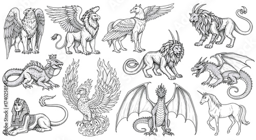 Mythical Beasts: A Collection of Hand-Drawn Fantasy Creatures in Black and White