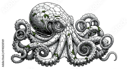 Stone Octopus Creature with Moss Detail on Tentacles and Body