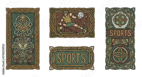 Celtic Inspired Sports Icons Featuring Hurling Player and Intricate Designs