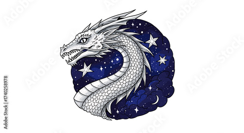 Majestic Silver Dragon with Celestial Space Background Illustration