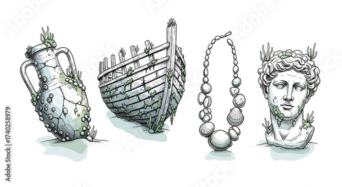 Sunken Treasures: Underwater Exploration Featuring Relics, Shipwreck, Jewelry, and Statue