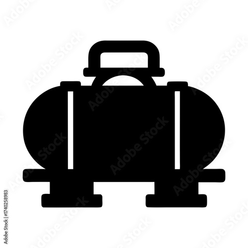 Silhouette of a liquid storage tank with supporting framework and handle