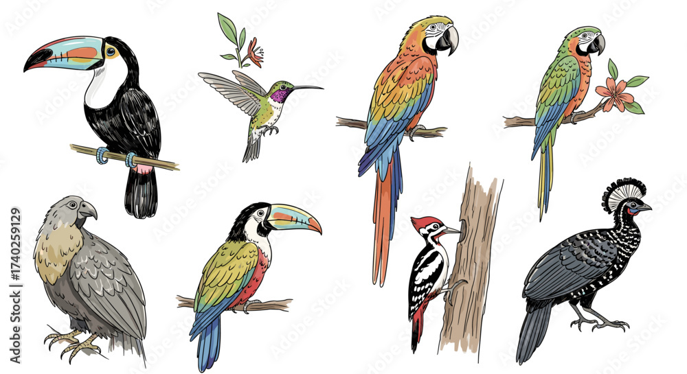 Obraz premium Beautiful Collection of Exotic Birds Hand-Drawn and Digitally Colored