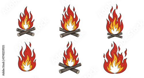 Six Cartoon Bonfires with Red and Yellow Flames on White