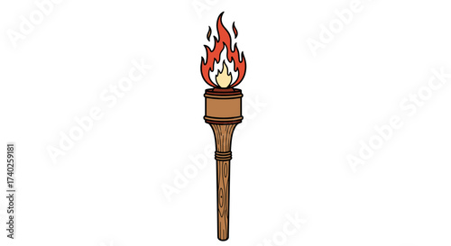 Bright cartoon style torch with burning flame on white background