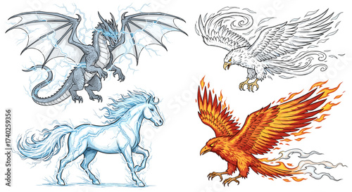 Mythical Creatures Collection Featuring a Dragon, Eagle, Horse and Phoenix