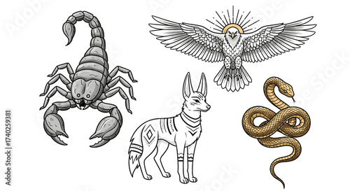 Mystical Creatures Collection: Eagle, Anubis, Snake, and Scorpion Isolated