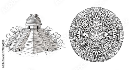 Detailed Line Art of a Mayan Pyramid and Calendar Stone