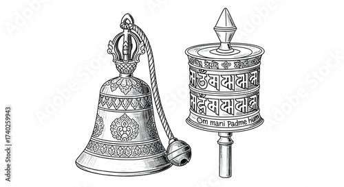 Tibetan Bell and Prayer Wheel Art Illustration in Detailed Style