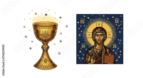Golden Chalice and Religious Icon Art, Spiritual Concepts for Christianity