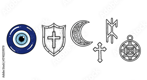 Diverse esoteric and spiritual symbols arranged on a white background