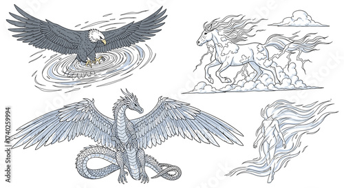 Fantastic Creatures Collage: Eagle, Horse, Dragon, and Spirit in White Background