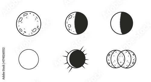 Phases of the Moon, Sun Eclipse and Planet Overlap Illustration.