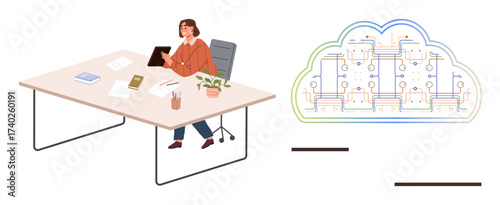Woman sitting at a desk interacting with a tablet near a visualized cloud network. Ideal for tech management, cloud computing, remote work, digital tools, innovation, business strategy, simple flat