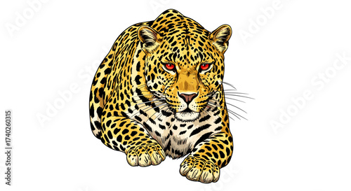 Striking jaguar illustration with intense red eyes on a white background.