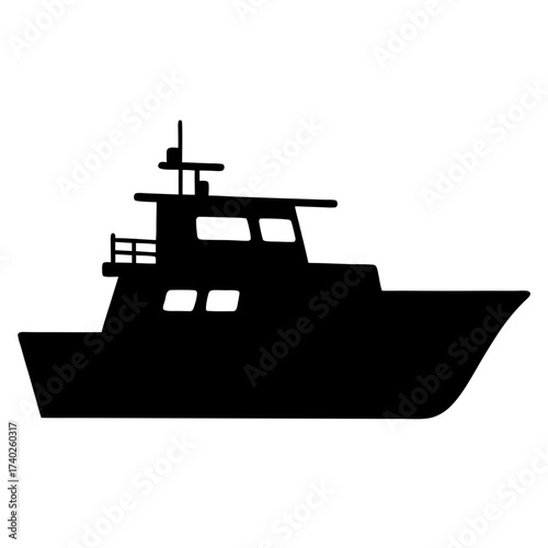 Silhouette of a stylish motor yacht with a flybridge and radar mast