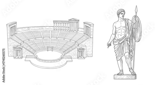 Ancient Roman architecture illustration: amphitheater and statue outline style