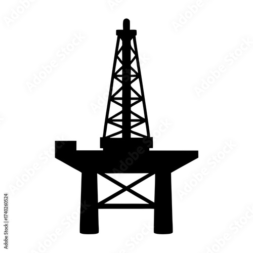 Foto Silhouette of an oil drilling platform in the ocean, black on white