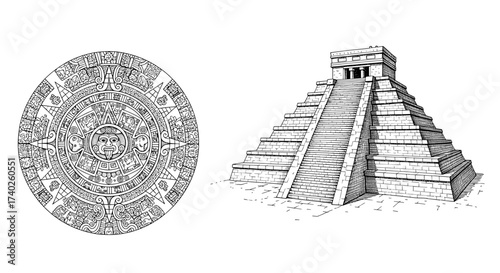 Intricate Mayan Calendar Stone and Chichen Itza Pyramid Illustration