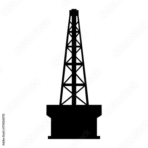 Silhouette of a complex oil drilling derrick against a stark white background
