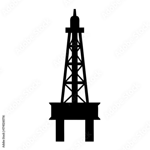 Silhouette of a typical oil drilling rig standing tall against white backdrop
