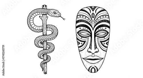 Symbolic Line Art: Caduceus and African Tribal Mask Illustration