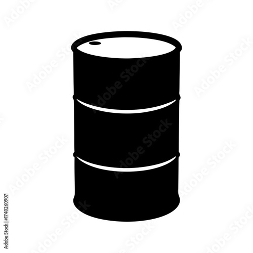 Minimalist depiction of a black oil barrel on white background illustration