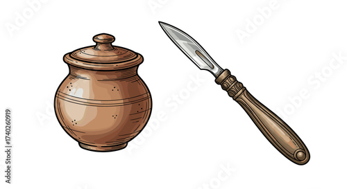 Antique jar and scalpel with wooden handle still life illustration