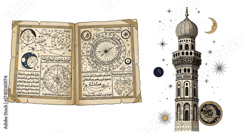 Mystic Arabic Knowledge: Open Book and Minaret Tower Amidst Celestial Elements